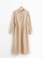 ギンガムチェック切り替えワンピース/ベージュ柄