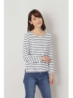 ベーシックボーダー７分袖/ベージュ×クロ1(041)