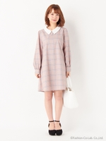衿付 チェック 柄 Aライン ワンピース/グレー