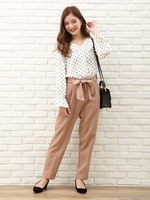 サッシュ付き テーパードパンツ/ベージュ