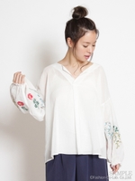 コットンボイル花摘み刺しゅうブラウス/ホワイト