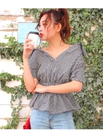 【CHILLE】オフショルウエストギャザーシャツ/ホワイト/ブラック(058)