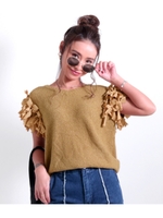 【Alluge】メッシュ編み袖リボントップス/ベージュ(005)