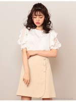 ラッフルスリーブブラウス×フロントボタンスカートセット/ベージュ