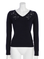 Vネックレース刺繍ランダムリブニットプルオーバー/ネイビー