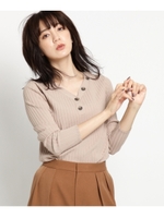 [S]【洗える】ヘンリーネックリブニット/ライトベージュ(051)