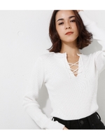 【AZUL BY MOUSSY】リブレースアップニットプルオーバー/O/WHT