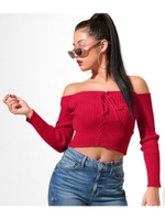 【USA】レースアップリブオフショルニットトップス/レッド(025)