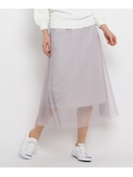 【洗える】【ウエストゴム】チュールロングスカート/ライトグレー(011)