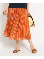 【洗える】【ウエスト後ろゴム】マルチストライプミモレスカート/オレンジ(367)