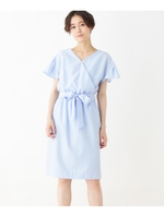 【洗える】ウエストリボン付きフレア袖カシュクールワンピース/ライトブルー(091)