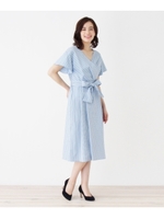 【洗える】カシュクールストライプワンピ/サックス(390)