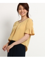 【洗える】スリーブフリルジョーゼットシャツ/マスタード(033)