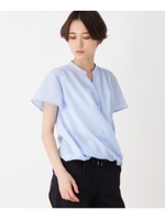 【洗える】バーボタンカシュクールブラウス/ライトブルー(091)