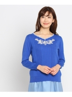 【洗える】配色フラワー刺繍ニット/ブルー(192)