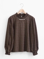 ○パール付チェックブラウス/ブラウン柄
