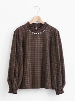 ○パール付チェックブラウス/ブラウン柄