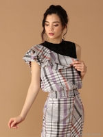 オリジナルチェックワンショルダーレースブラウス/ライトグレー
