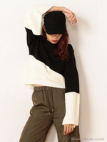 カラーブロッキングパールニットトップス/ブラック