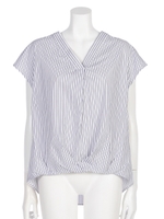 サテンストライプ後ろリボンブラウス/ネイビー