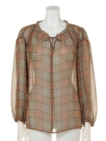 シフォンチェックカフタン風ブラウス/柄BRN