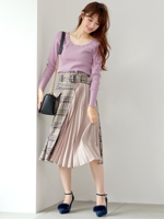 チェック柄部分プリーツスカート/茶系