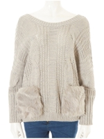 ファーポケケーブル編みニット/グレー