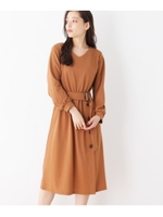 ベルト付きクラシカル釦付きワンピ/キャメル(041)