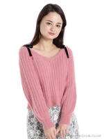 ベロア肩リボンリブフェレットニットプルオーバー/ピンク