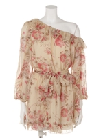 ワンショルダーフラワーフリルロンパース/レッド