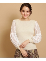 袖2段レース　リブニットプルオーバー/ライトベージュ(051)