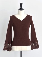袖レースリブニット/茶