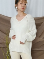 Vネックヘムライン切替ドルマンニット/ホワイト