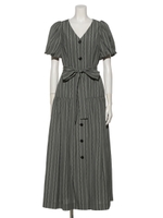 [GREED]Dobby Stripes Waisted Ribbon Button Front Dress/KHAKI