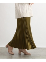 [洗える]サテンロングプリーツスカート/カーキ(027)