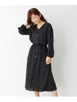 【M-LL】アソートフロントボタン総柄ロングワンピース/ブラック(119)