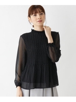 【M-LL】フリルネックプリーツドットブラウス/ブラック(119)