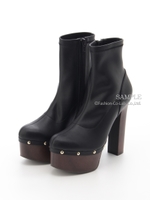 【R&E】スタッズ付きウッド調太ヒールショートブーツ/ブラック