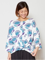 【チャイハネ】yul 北欧風プリントフロントクロストップス/ブルー