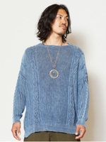 【チャイハネ】アシッドウォッシュコットンニットMEN'Sトップス/ブルー
