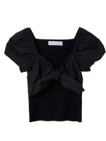 【ニット】布帛スリーブリボン切替リブニット/ブラック