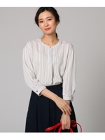 【洗える】ストライプバンドカラー落ち感ブラウス/ライトグレー(111)