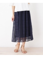 【大きいサイズあり・13号・15号】オーガンジーチェックフレアスカート/ネイビー(093)