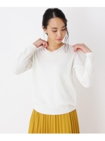 【大きいサイズあり・13号・15号】ビジューネック模様編みニット/オフホワイト(003)