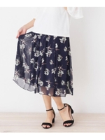 【大きいサイズあり・13号・15号】フラワーシフォンタックフレアスカート/ネイビー(193)
