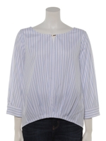 Ｔ／Ｒブロード衿元金具デザインブラウス/ストライプ ブルー