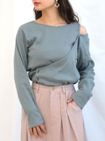 アシメサイドボタン肩開きレイヤードTシャツ/ブルーグリーン