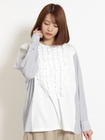 ギザコットン天竺＋コットンテンセルピンストライプフリルカットソー/ホワイト