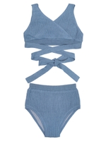 クロスリボンカシュクールリブニットビキニ/ブルー