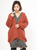 ケーブル編みミドルカーディガン/レンガ